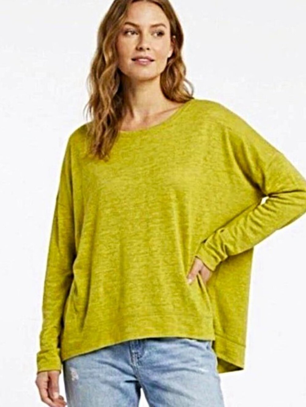 Eileen Fisher 3X Alpaca Merino Tencel Knit Boxy Tunic Sweater Chartreuse Yellow